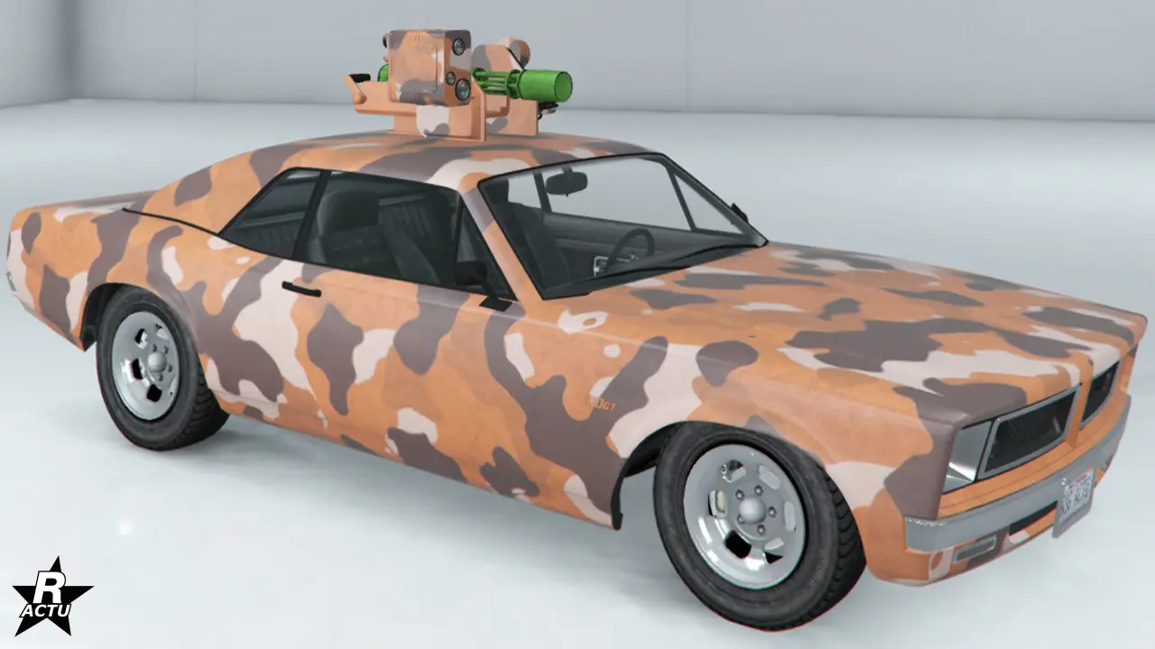 Skin de véhicule "Guerrier urbain" ajoutant des motifs de camouflages irréguliers de couleurs brunes, blanches et oranges.