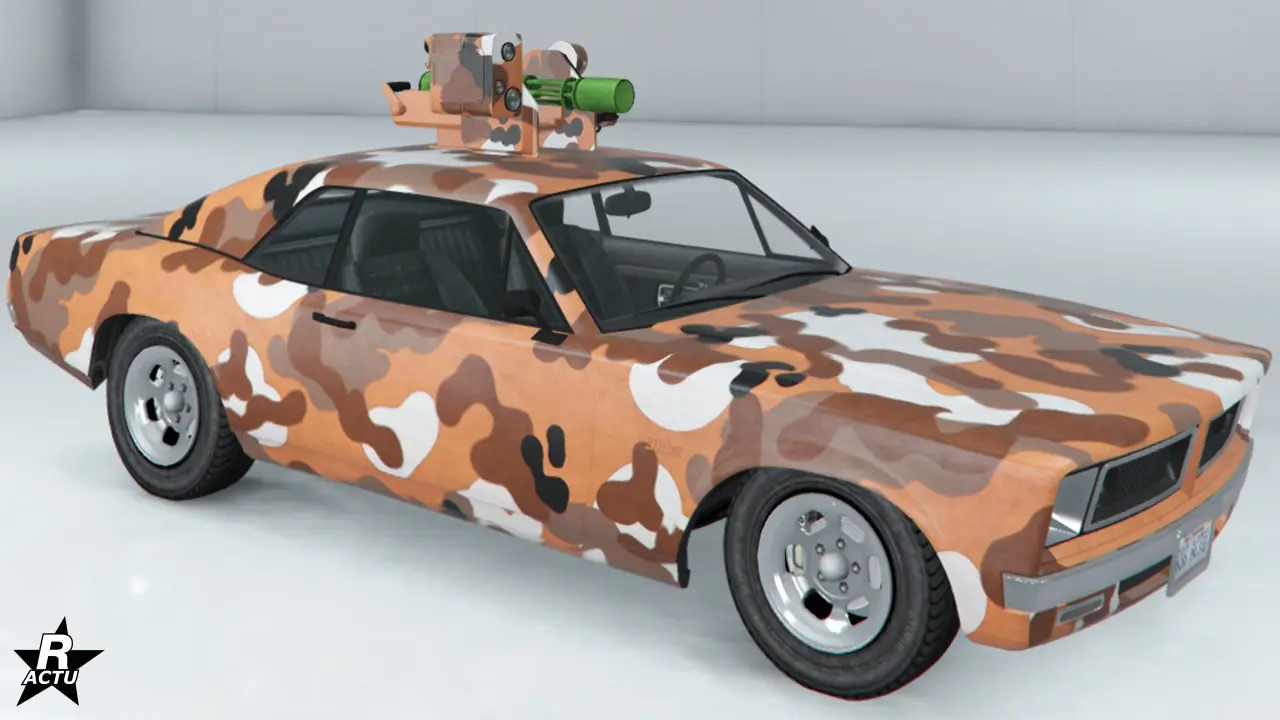 Camouflage militaire de couleurs : Blanc, marron, brun, noir, ainsi que la peinture principale qu'il est possible de choisir (en orange sur l'image).