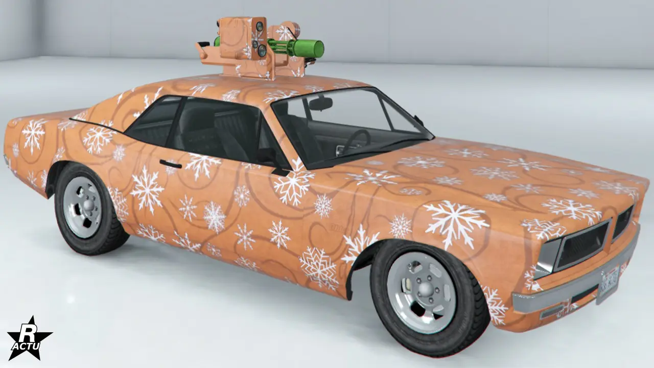 Motif ajoutant de grands flocons de neige et de fines courbes sur la carrosserie, rappelant les rubans d'un cadeau.