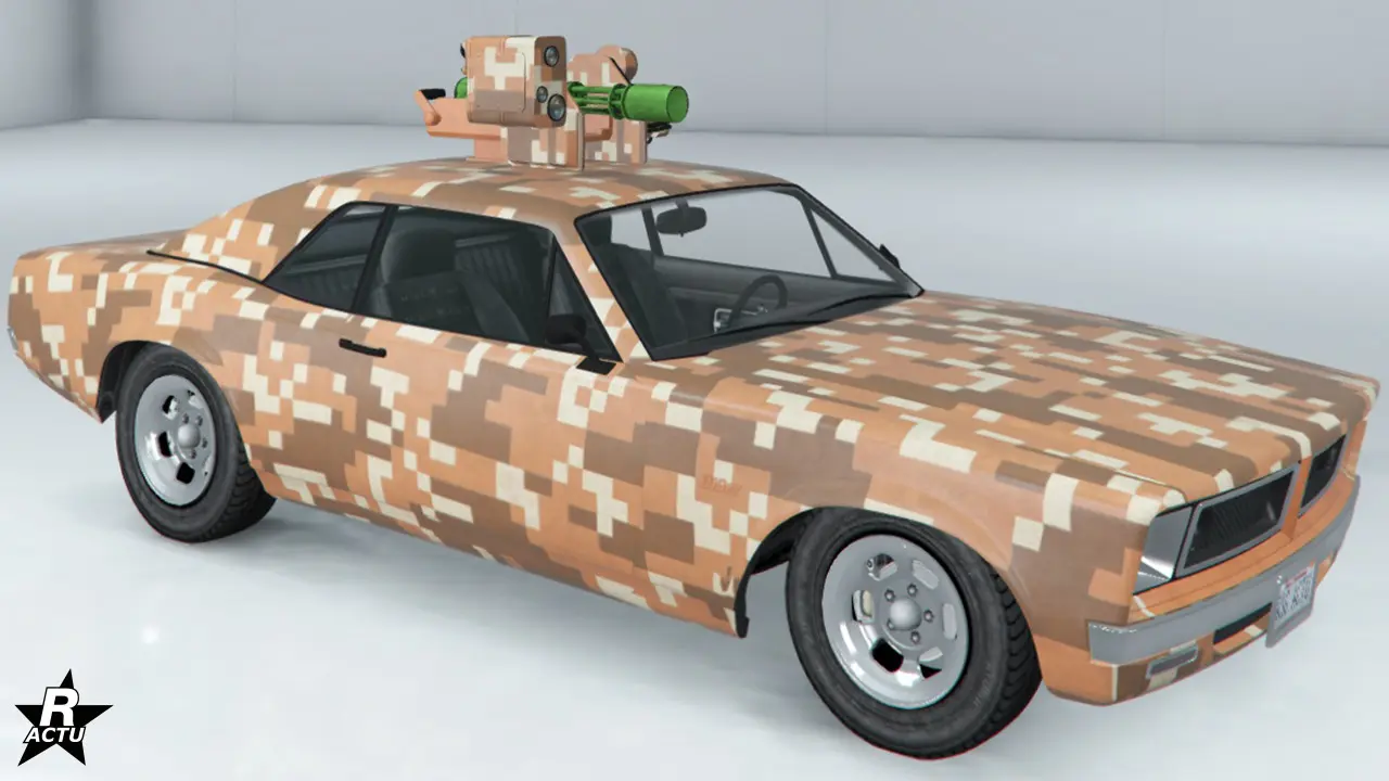 Skin de petits pixels de couleurs bruns, beiges et marrons, formant ensemble un camouflage militaire pour la carrosserie de la Tampa Armée.