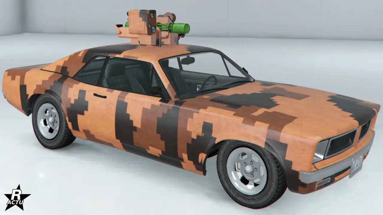 Skin de véhicule de camouflage militaire ajoutant des décalcomanies de grandes formes pixélisées de couleurs noires et brunes.