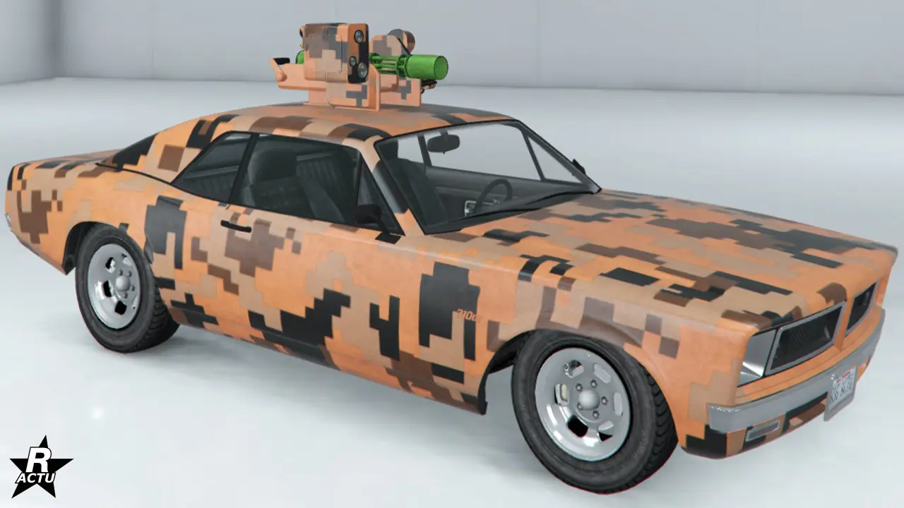 Motif ajoutant un camouflage en forme de pixels de tailles moyennes de couleurs noires, brunes et beiges.