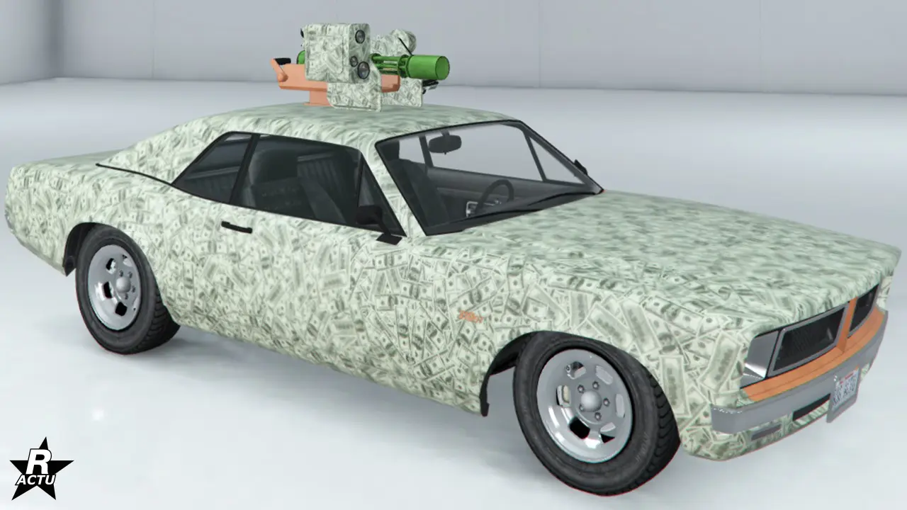 Vinyle recouvrant le bolide d'une multitude de billets de banque les uns sur les autres.