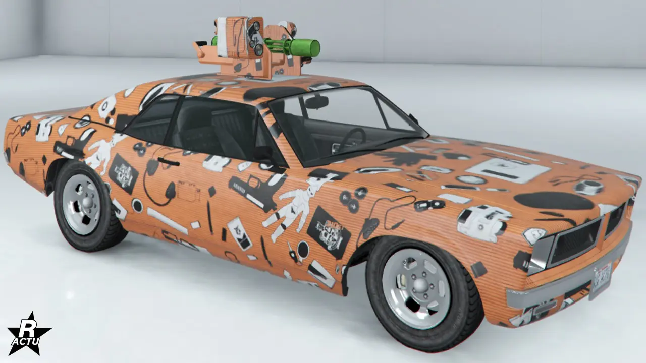 Décalcomanie ajoutant sur la carrosserie, différents objets, comme si la grosse cylindrée passait dans un rayon X géant.