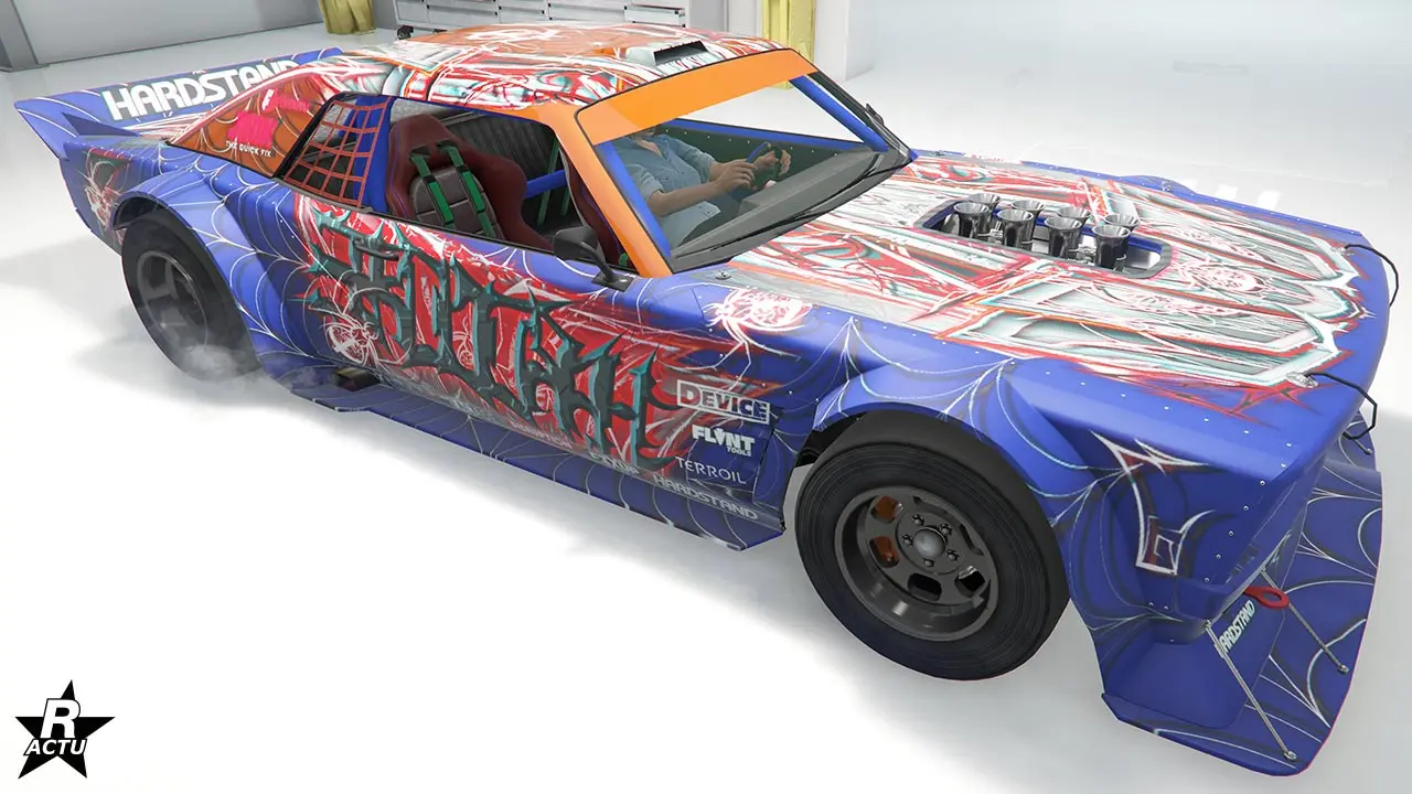 Motif "Hardcore custom rouge" ajoutant sur la carrosserie de la Tampa drift, des autocollants rouges, surmontés de décalcomanies de toiles d'araignées.
