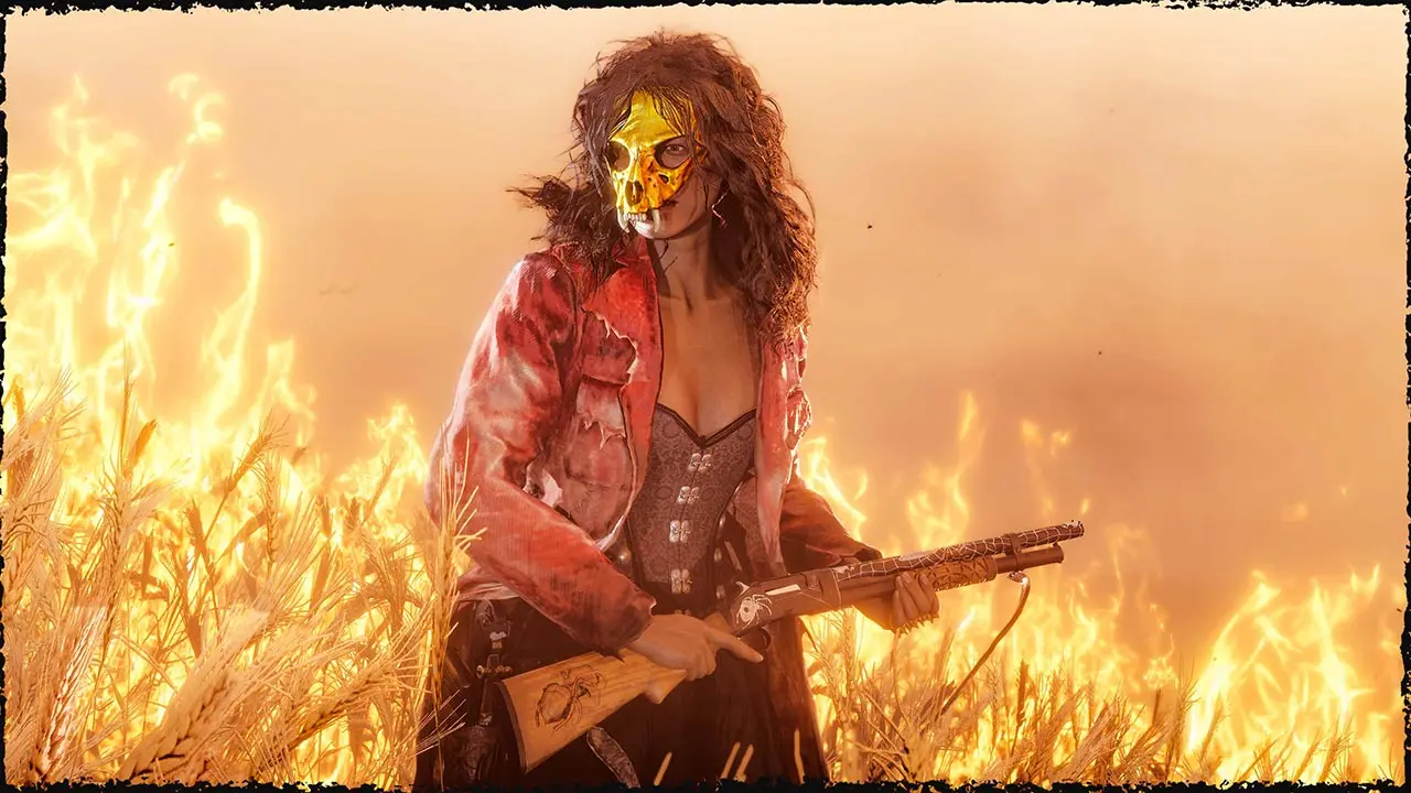 Une joueuse de Red Dead Online portant le masque de créature en or provenant du passe d'Halloween №2