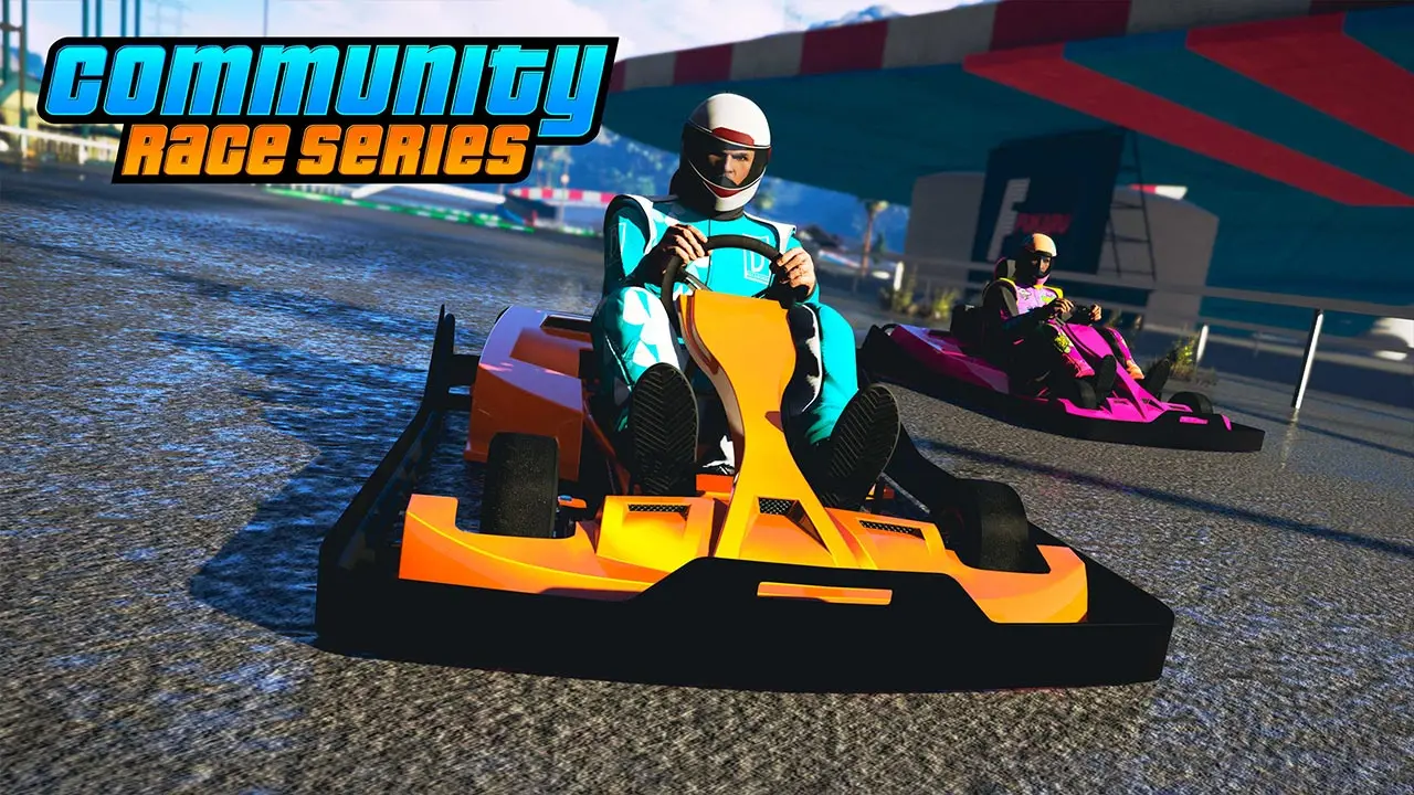 Deux joueurs de GTA Online au volant de karting lors d'une épreuve de course communautaire.