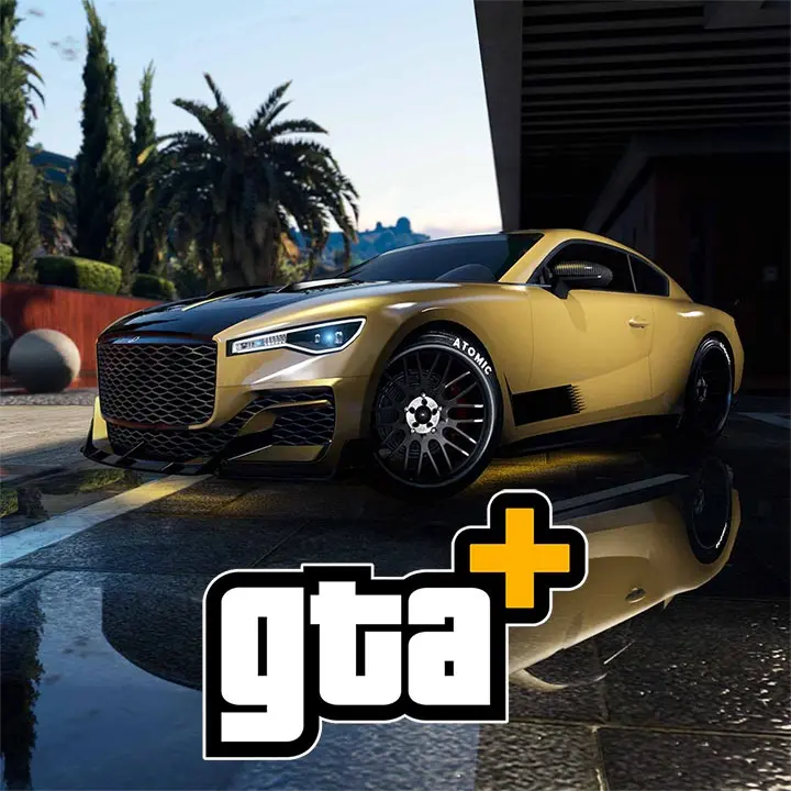 Voiture anglaise "Enus Paragon S" peinte en or devant une allée d'un manoir dans GTA Online. Il s'agit du véhicule gratuit avec les avantages GTA+ de novembre 2025.