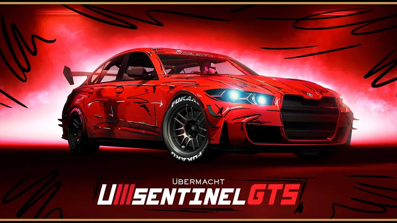 Voiture allemande "Ubermacht Sentinel GTS" peinte en rouge, tout en ayant le motif "Cel Shading" sur sa carrosserie.