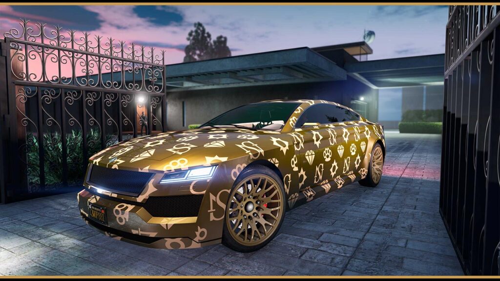 La voiture allemande Revolter garée devant l'allée d'une des nouvelles villas de luxe de la mise à jour Prix Luxury Real Estate de GTA Online.