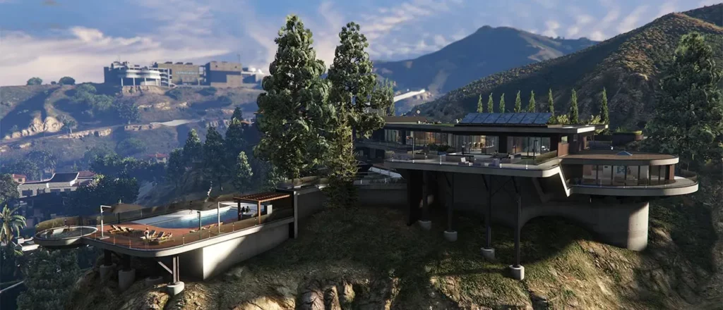 Vue arrière de la villa de luxe à gauche de Vinewood issue de la mise à jour "Prix Luxury Real Estate" de GTA Online.