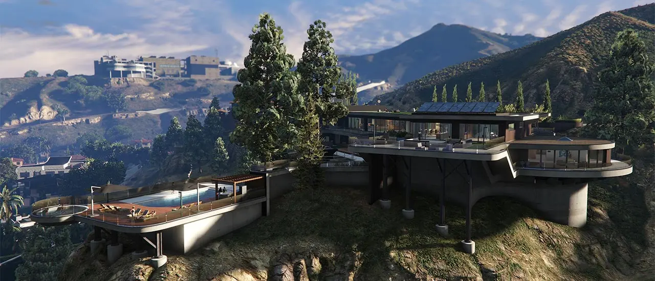 Vue arrière de la villa de luxe à gauche de Vinewood issue de la mise à jour "Prix Luxury Real Estate" de GTA Online.