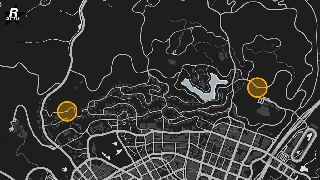 Carte de GTA Online indiquant les emplacements des chantiers des manoirs de la mise à jour « Prix Luxury Real Estate »