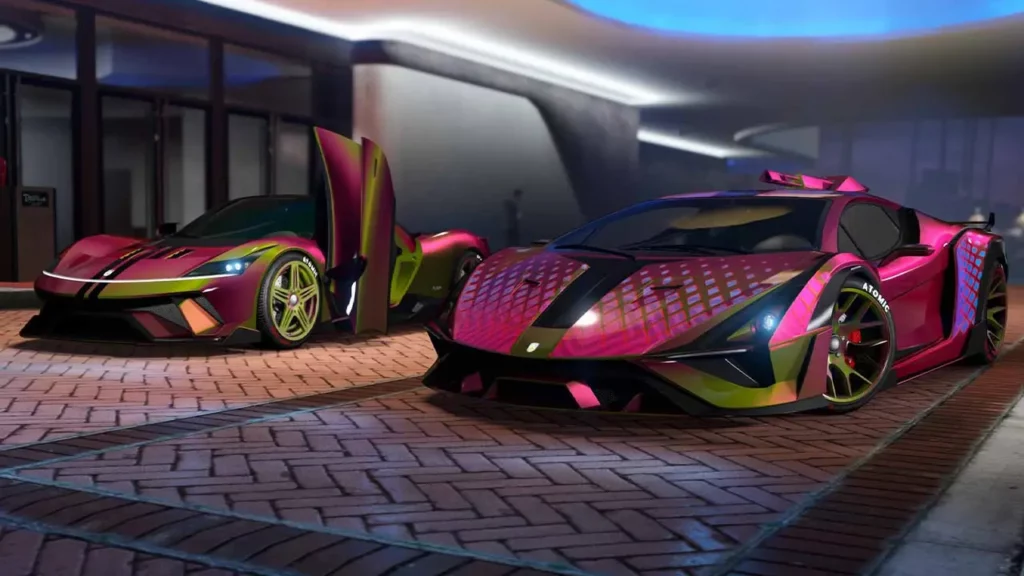 Voitures "Ignus armée" et "Furia" peinte avec la peinture caméléon "Flip violet/vert", tout en étant garées devant la porte principale du Diamond Casino.