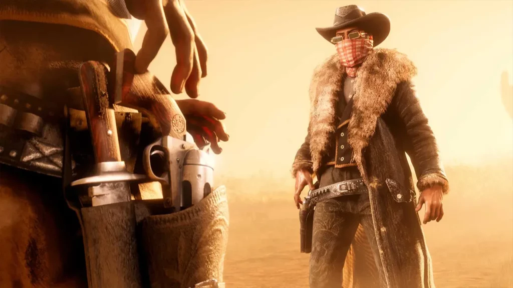 Vue rapprochée d'un Holster d'un joueur donnant sur un autre joueur de Red Dead Online portant les vêtements récompenses Rexroad du mois de novembre 2025.
