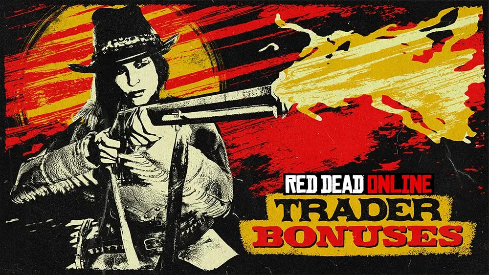 Artwork de Red Dead Online sur fond rouge. Un joueur du jeu tient un fusil et il est écrit "Bonus dans le rôle de marchand" en anglais.