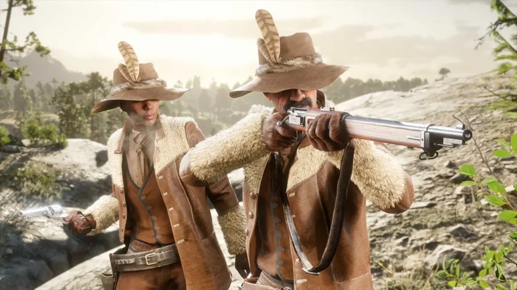 Deux joueurs de Red Dead Online, portant la tenue communautaire, avec une fourrure en laine, de novembre 2025 qui a été créée par l'utilisatrice Victorian_Cowgirl sur Reddit.
