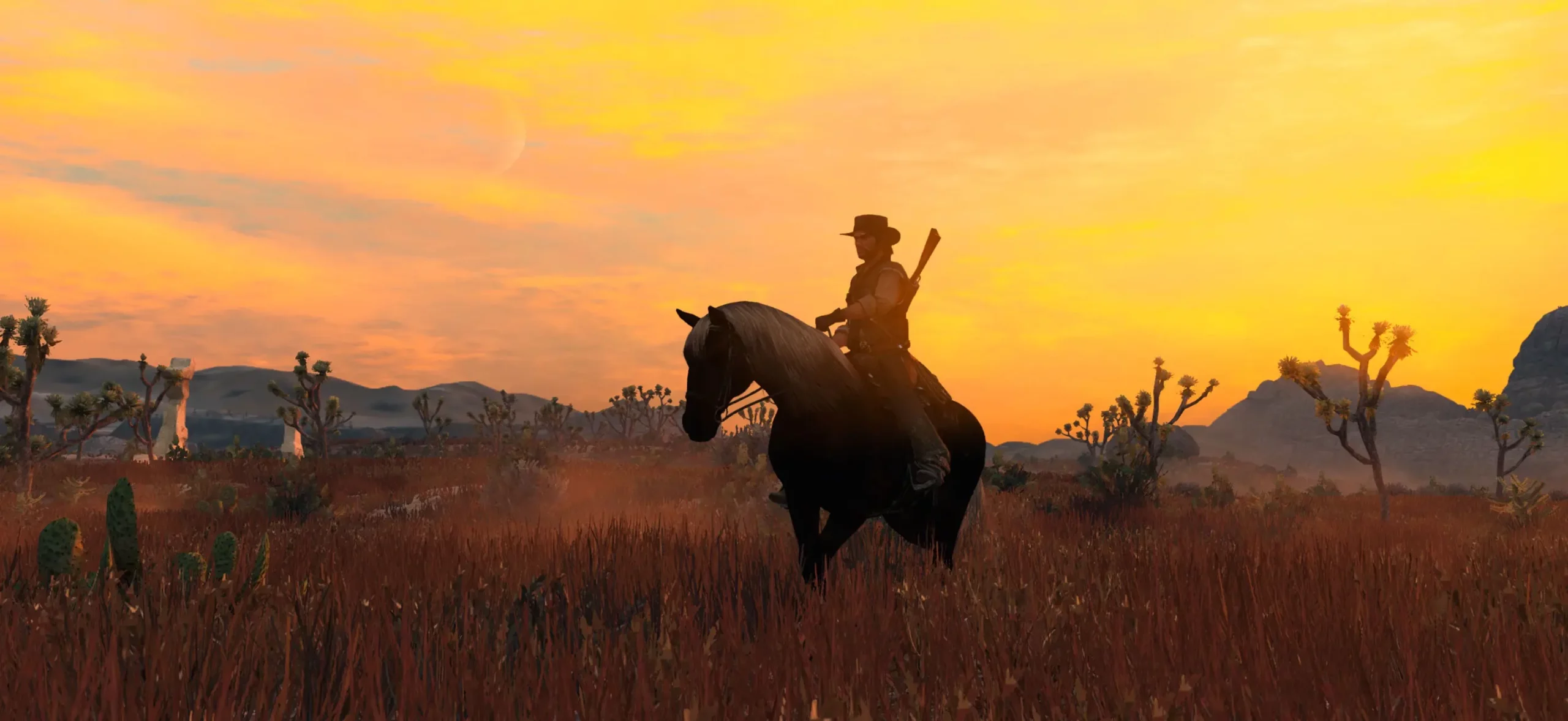 John Marston sur son cheval, avec un couché de soleil en arrière plan