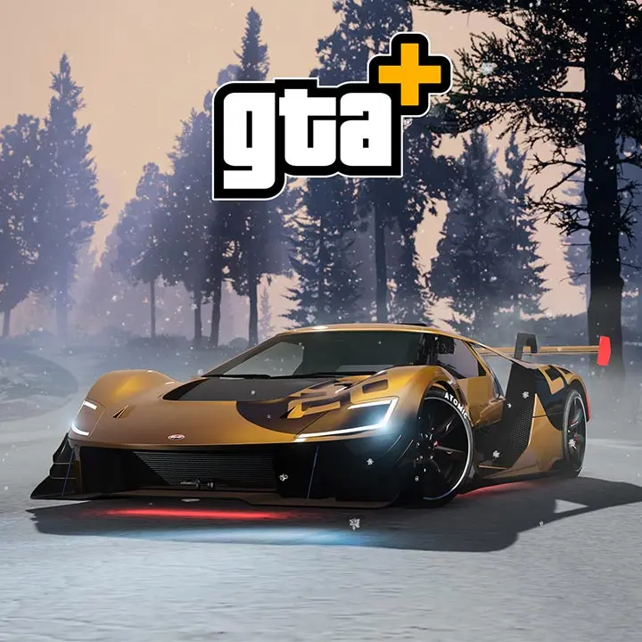 Voiture Vapid FMJ Mk V couleur or sous la neige. Il s'agit du véhicule offert avec les avantages GTA+ de l'abonnement en décembre 2025.