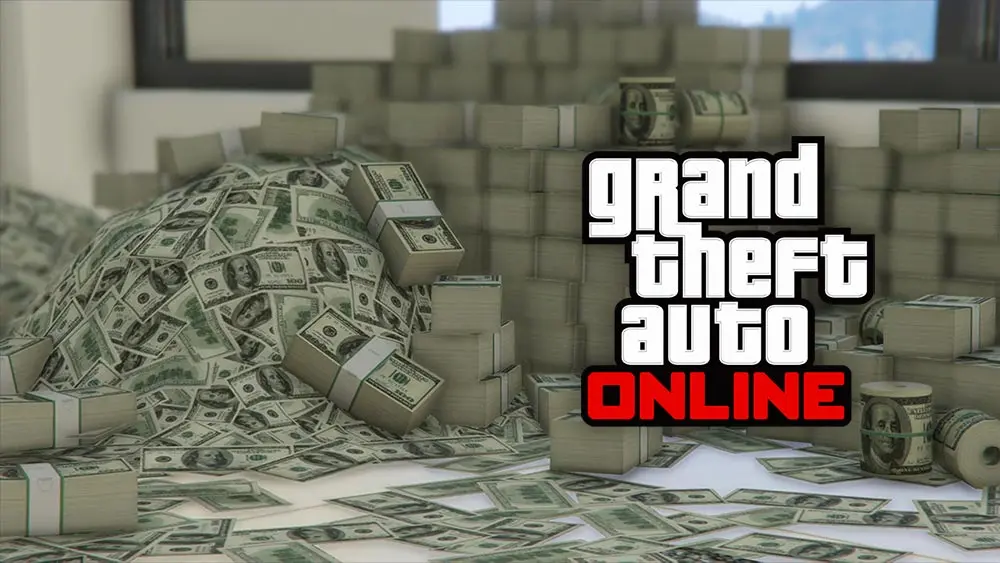 Montagne de billets GTA$. Image d'un article sur un bonus d'argent pour le jeu vidéo GTA Online.