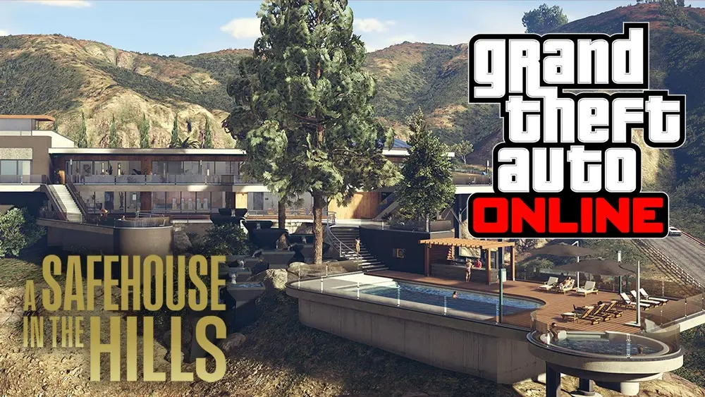Une villa de luxe de la mise à jour des manoirs de GTA Online. Le logo du jeu se trouve sur l'image, ainsi que le nom anglais du DLC « Une planque au sommet »