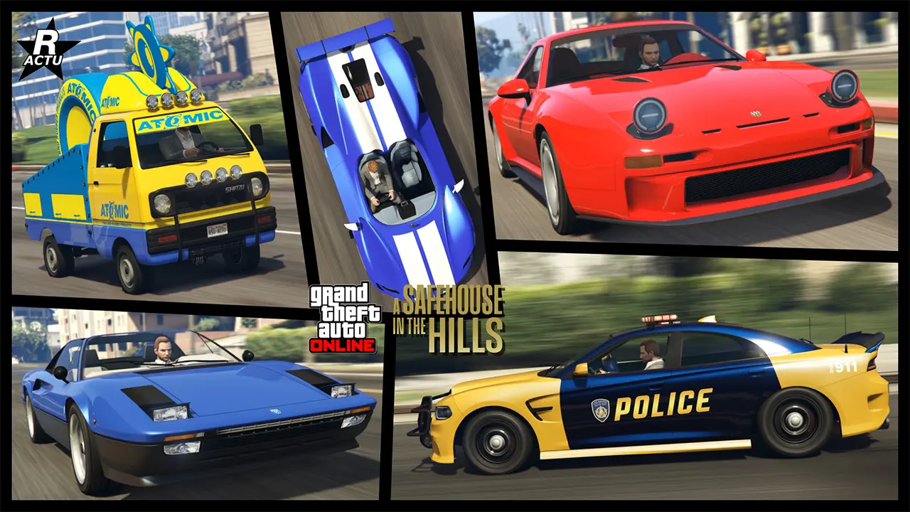 Bannière d'article de la mise à jour des manoirs de GTA Online concernant les prochaines voitures, véhicules et contenus du DLC. La bannière contient 5 nouvelles voitures de la mise à jour de décembre 2025 intitulée « Une planque au sommet »