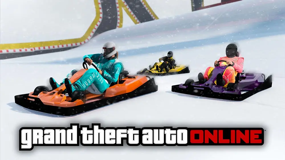 Des joueurs sur des kartings dans une course sous la neige lors de bonus de la semaine autour des festivités de Noël dans GTA Online.