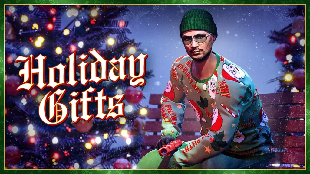 Un joueur de GTA Online portant la tenue de Noël à débloquer en 2025, tout en étant à côté d'un sapin illuminé.