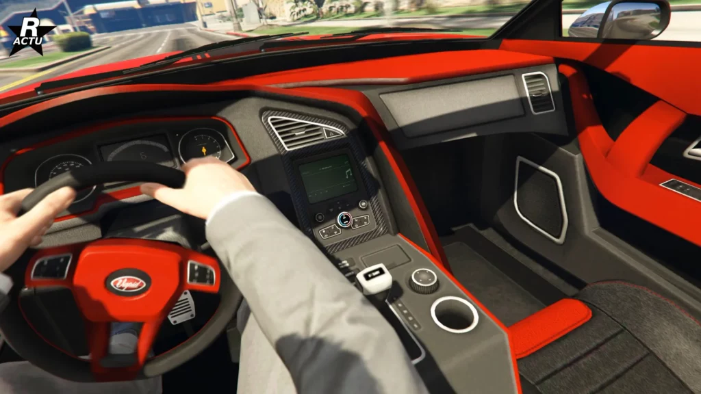 Point de vue du conducteur lors du pilotage de la voiture "Vapid Dominator GT" dans GTA Online.