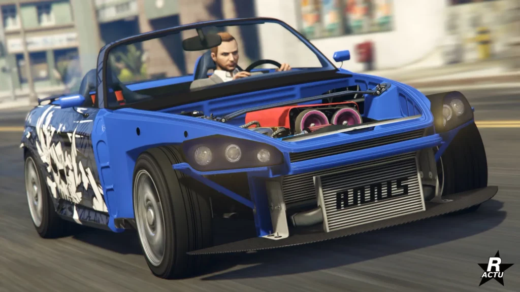 L'avant de la voiture de drift "Dinka RT3000" peinte en bleu. Le véhicule japonais ne dispose pas de capot, de pare-chocs et d'ailes avant.