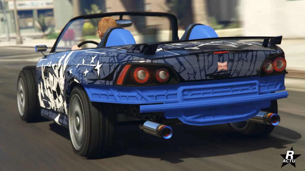 Vue arrière du modèle drift du bolide "Dinka RT3000" de couleur bleu.