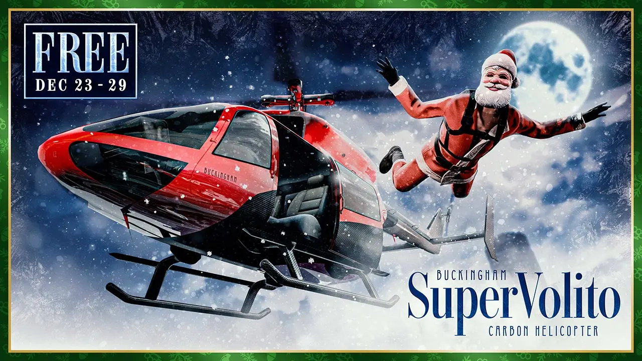 Hélicoptère Buckingham SuperVolito carbone sous la neige de GTA Online, avec un joueur sautant de l'hélicoptère habillé en Père Noël.