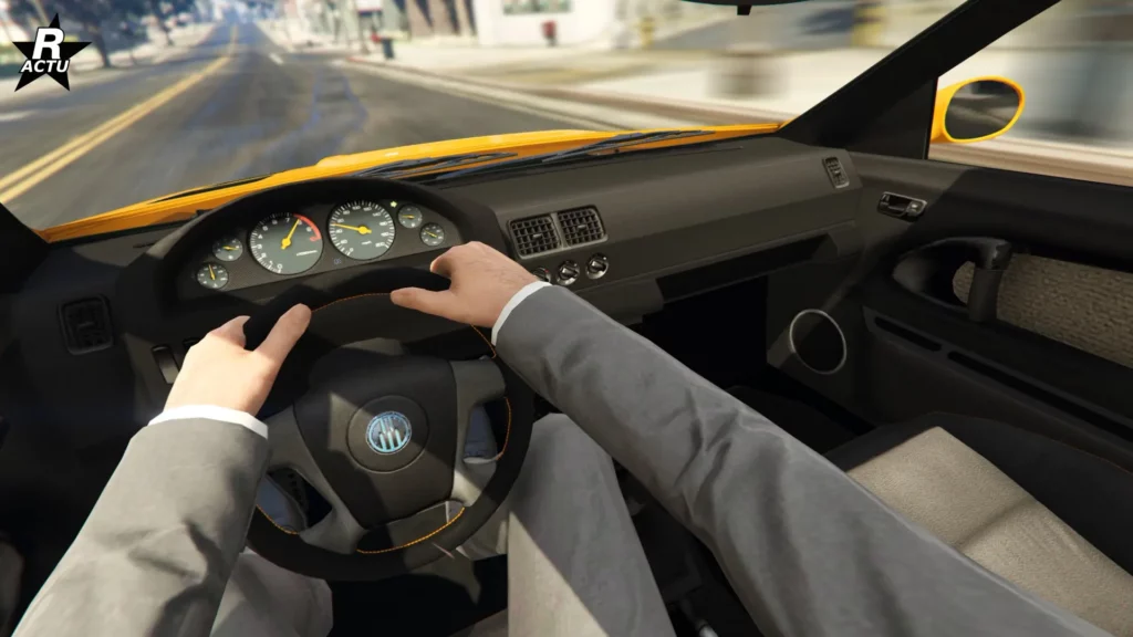 Point de vue du conducteur lors de la conduite de la voiture Ubermacht Sentinel XS4 sur une route de GTA Online.