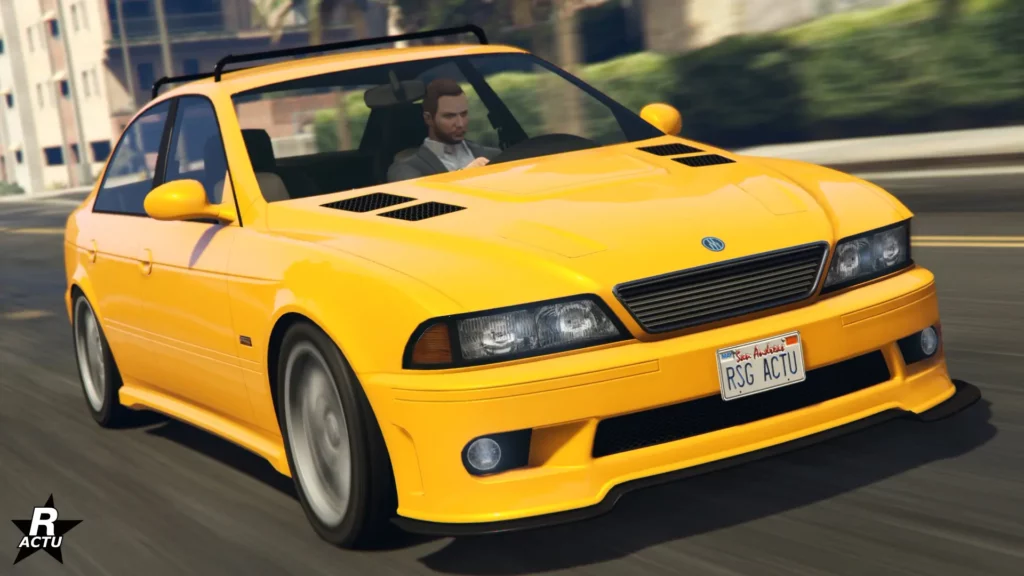 L'avant de la berline allemande Ubermacht Sentinel XS4, la voiture est intégralement peinte en jaune vif.