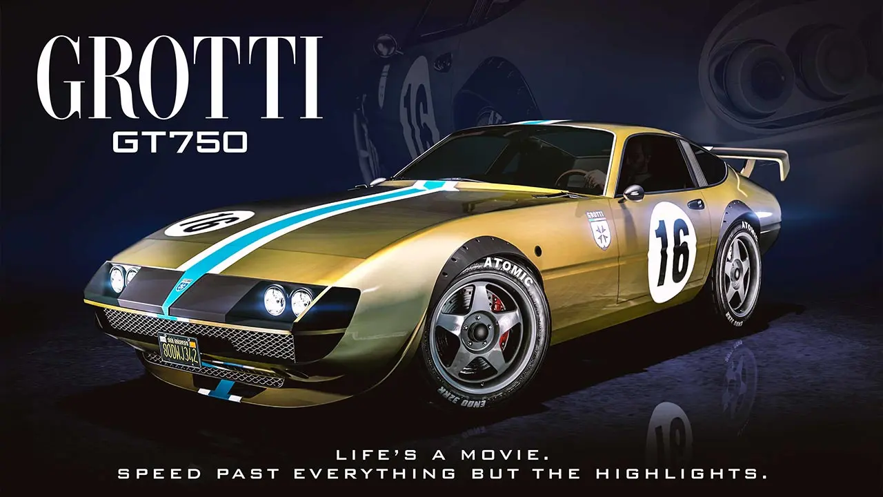 Image de présentation de la voiture de GTA Online "Grotti GT750". Elle est présentée vue de devant et légèrement en biais. Sa carrosserie est de couleur or, tandis qu'un motif verticale d'une bande blanche aux bordures bleues, traverse le capot au centre.