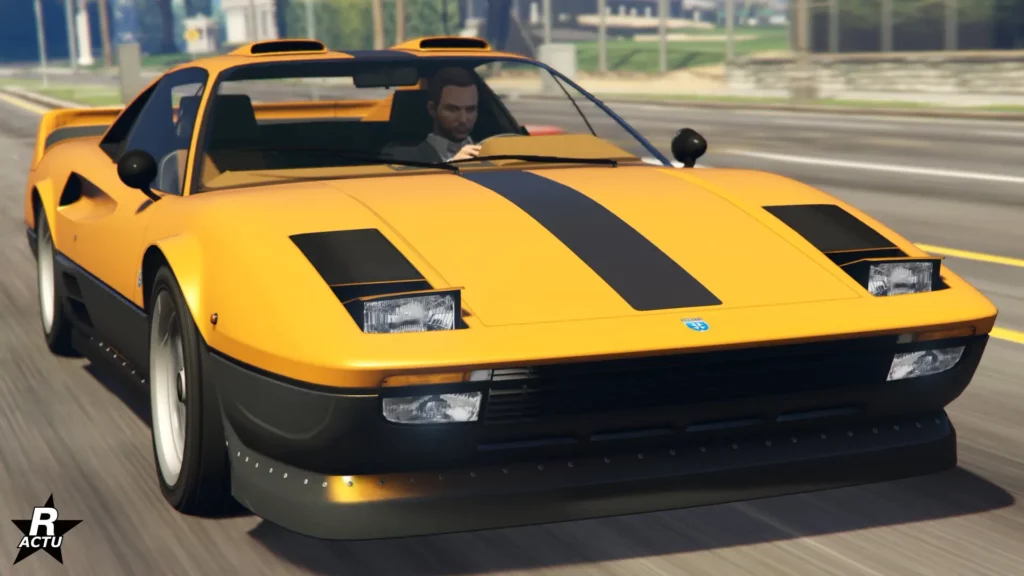 Vue avant de la voiture italienne Grotti Itali Classique, le véhicule de collection est peint en orange avec une bande fine noire au centre du capot.