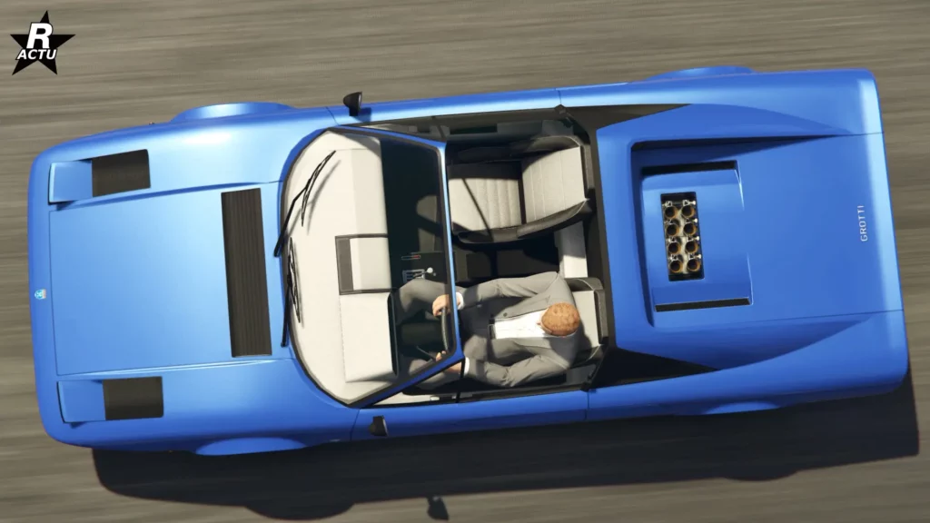 Vue du dessus de la Grotti Itali Classique peinte en bleue et avec son toit retiré.