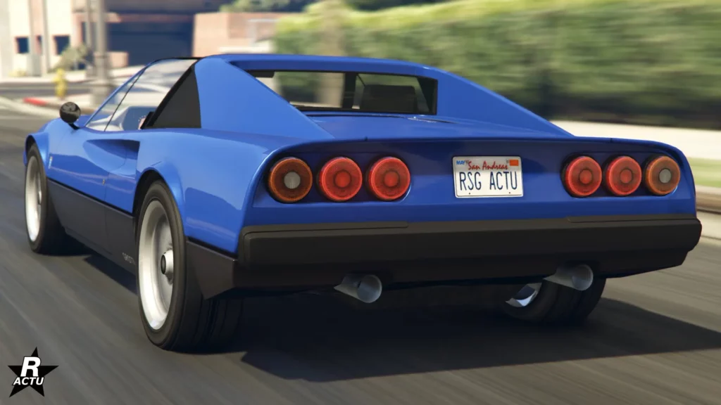 Vue arrière du bolide Grotti Itali Classique de couleur bleue.