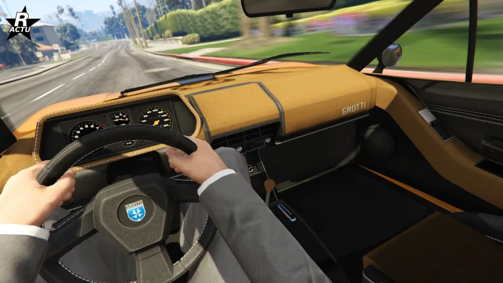 Point de vue du conducteur au volant de la Grotti Itali Classique dans GTA Online.