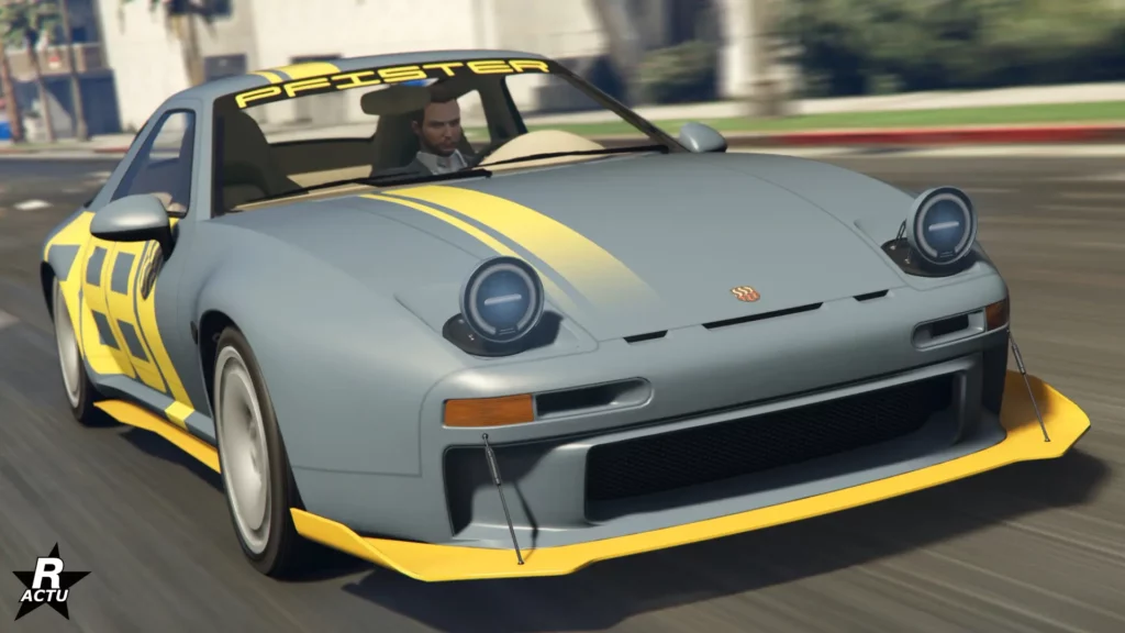 L'avant de la voiture de sport rétro Pfister Astrale peinte en grise, avec un bande jaune pastel sur le capot.