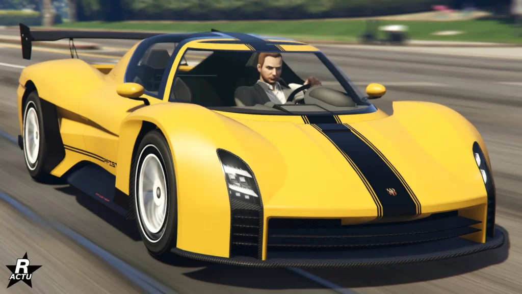 L'avant de la Pfister X-treme peinte en jaune avec une bande noire sur le capot.