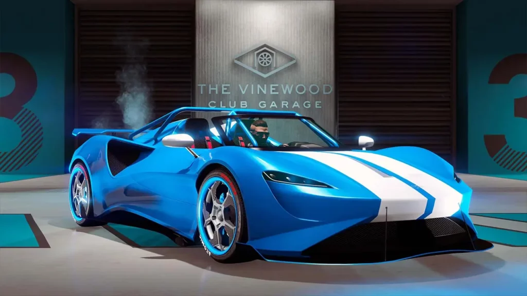 Vue avant de la voiture anglaise "Progen Luiva" dans GTA Online. L'hyper car est peinte en bleu très flash avec deux bandes blanches sur son capot.