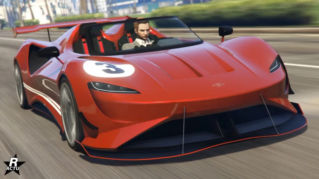 L'avant de la voiture Progen Luiva, le roadster est de couleur rouge avec un autocollant "4" dans un rond blanc sur le capot.