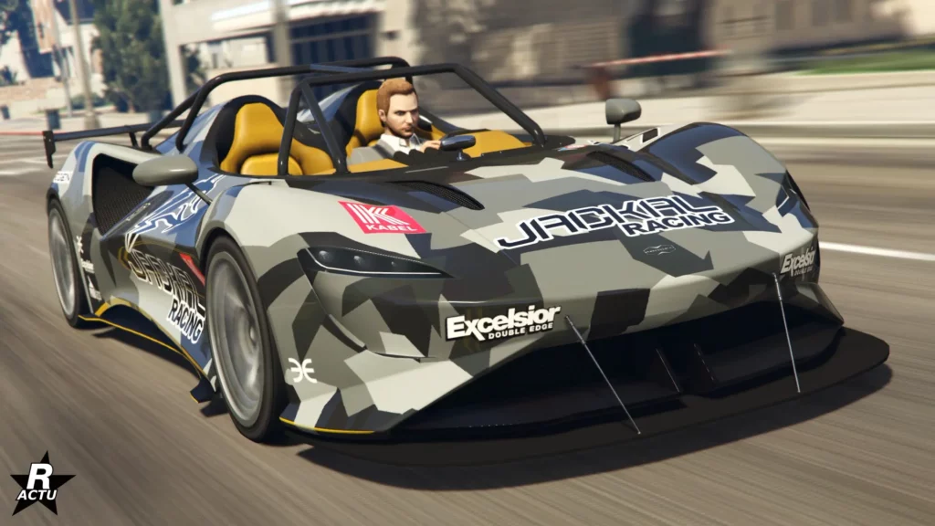 L'avant de la supersportive Progen Luiva dans le jeu vidéo Grand Theft Auto Online. Le bolide dispose sur sa carrosserie d'un motif de camouflage gris et noir.