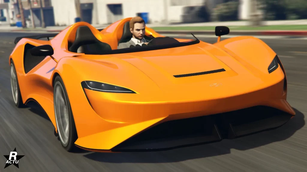 Vue avant de la voiture britannique Progen Luiva, elle est peinte en orange.