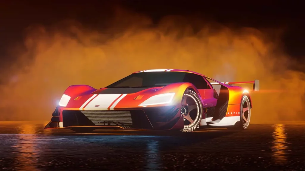 Visuel avant de la supersportive Vapid FMJ Mk V peinte dans un rouge au nuances rosées, et possédant le motif exclusif à GTA+ de bandes blanches sur sa carrosserie.