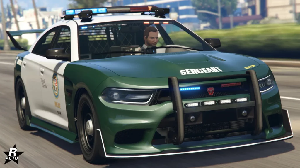 Vue avant de la grosse cylindrée moderne "Bravado Buffalo STX de poursuite" peinte en vert et en blanc.