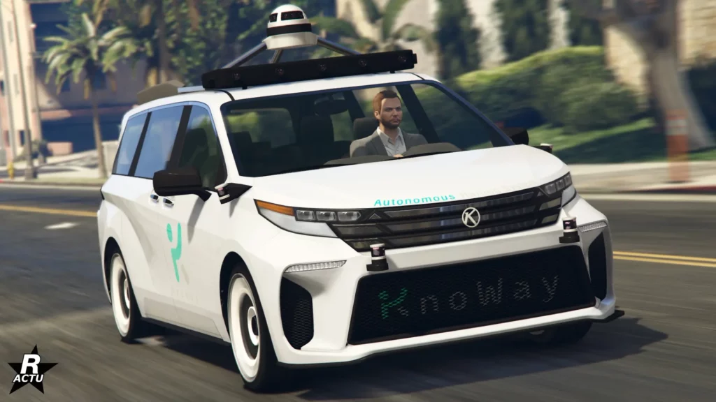 Vue avant présentant la voiture de taxi autonome Karin Vivanite (KnoWay) sur une route de GTA Online. Le véhicule est peint en blanc avec une grande caméra à 360 degrés sur le toit.