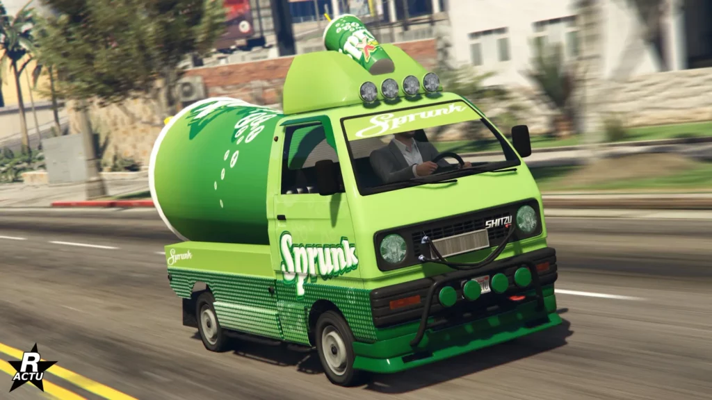 l'avant du véhicule Shitzu Keitora transformé en sponsor pour la boisson Sprunk.