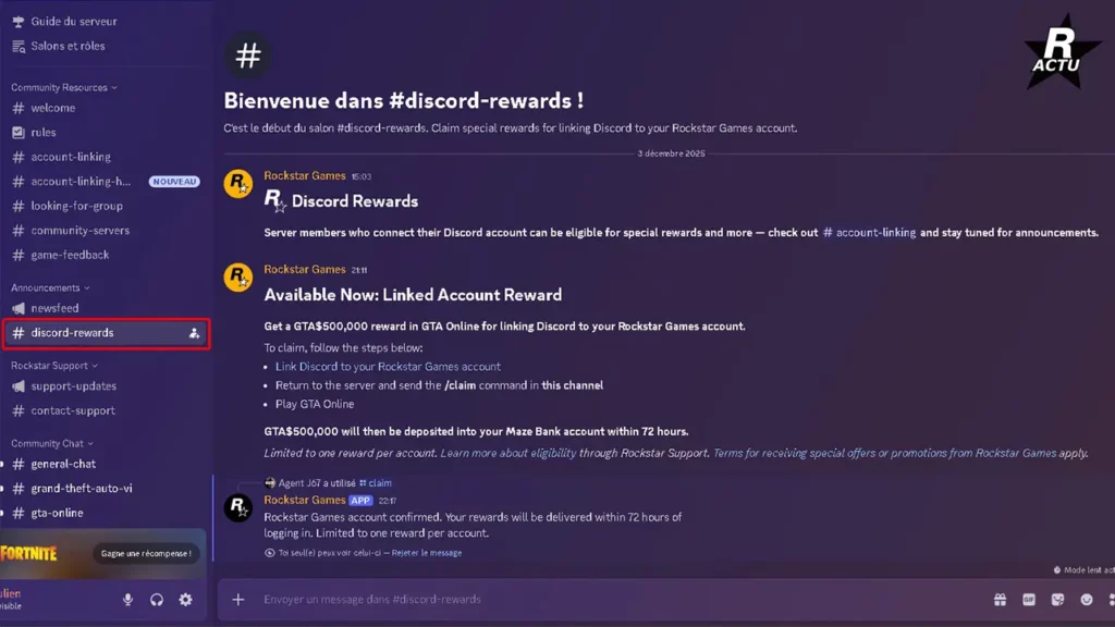 Capture d'écran du serveur Discord officiel de Rockstar Games, affichant en anglais les étapes à suivre pour profiter du bonus d'argent de 500 000 GTA$ dans GTA Online en liant son compte social Club à Discord.